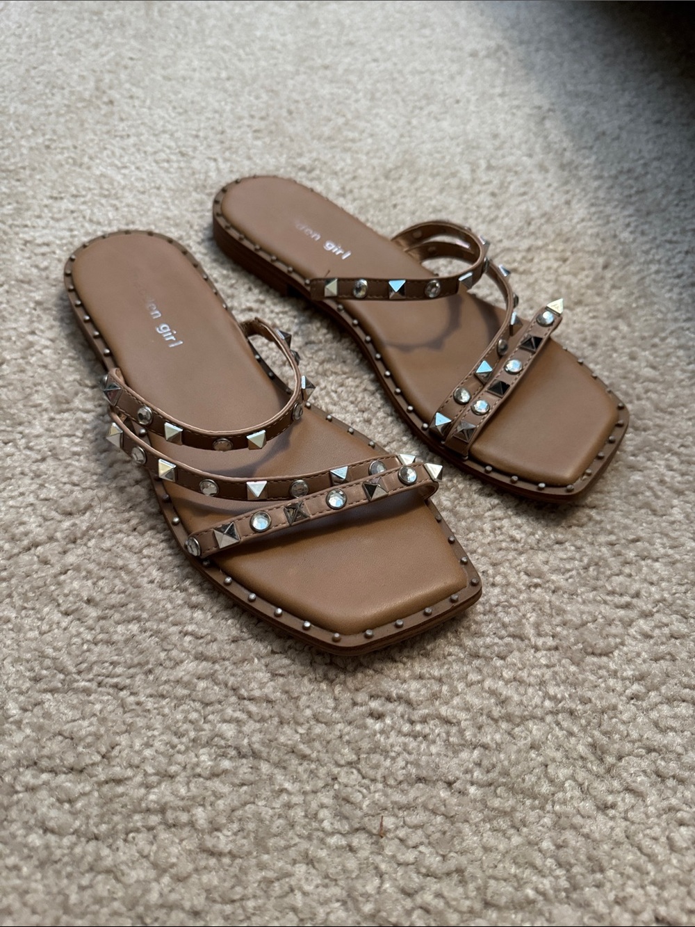 Madden Girl Tan Studded Double-Strap Slide Sandals
